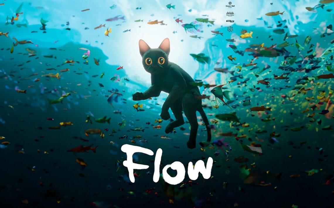 Banner van de Filmposter van Flow, met een onderwaterbeeld van onderaf. In het midden een zwarte kat, drijvend tussen de vissen, het zonlicht breekt boven door het wateroppervlak. Onder de kat de titel 'Flow' in speelse letters.