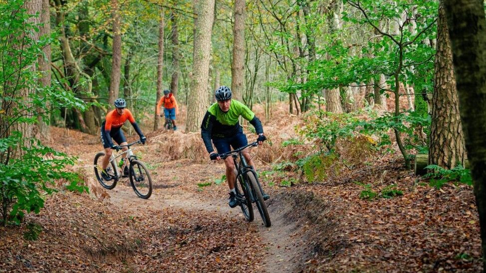Liggende foto met twee mannelijke mountainbikers die de kijker tegemoet komen via een slingerend mountainbikepad in een groen bos.